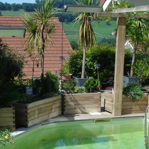 Bacs de jardinières en bois, avec des végétaux plantés