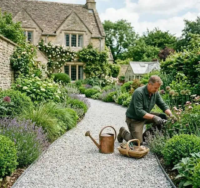 Illustration de jardin de caractere pour Désherbant naturel puissant : la recette vinaigre, sel, savon noir (et les alternatives)