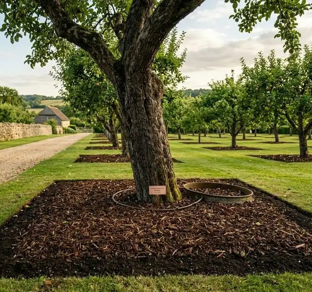 Illustration de jardin de caractere pour Le Meilleur Paillage pour Retenir l&rsquo;Humidité au pied de vos Arbres Fruitiers