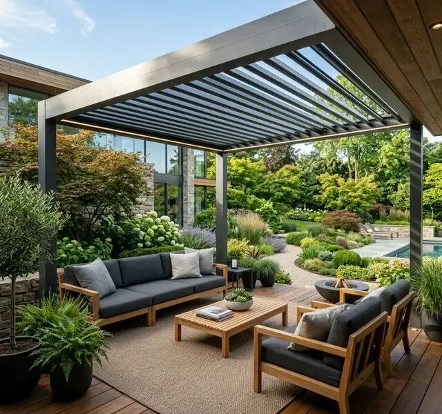 Illustration de jardin de caractere pour Pergola bioclimatique adossée ou autoportée : le comparatif