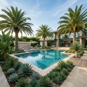 Natural water garden with pond planting in an elegant estate garden