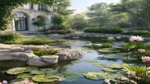 Natural water garden with pond planting in an elegant estate garden