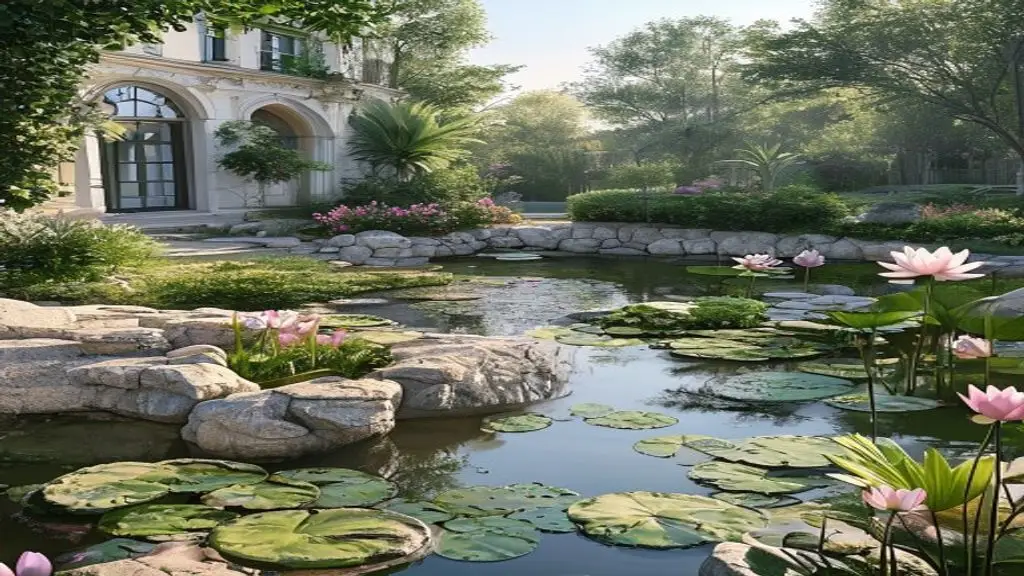 Natural water garden with pond planting in an elegant estate garden