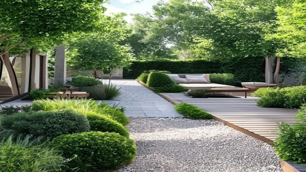 Elegant outdoor garden design with terrace, structure and planting