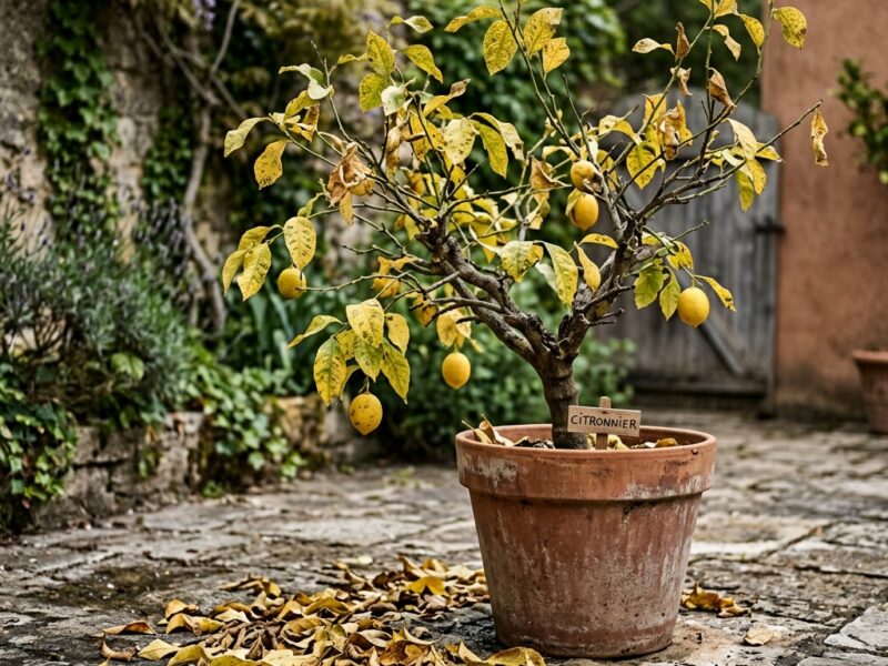 Illustration de jardin de caractere pour Citronnier qui perd ses feuilles : diagnostic des 7 causes et solutions