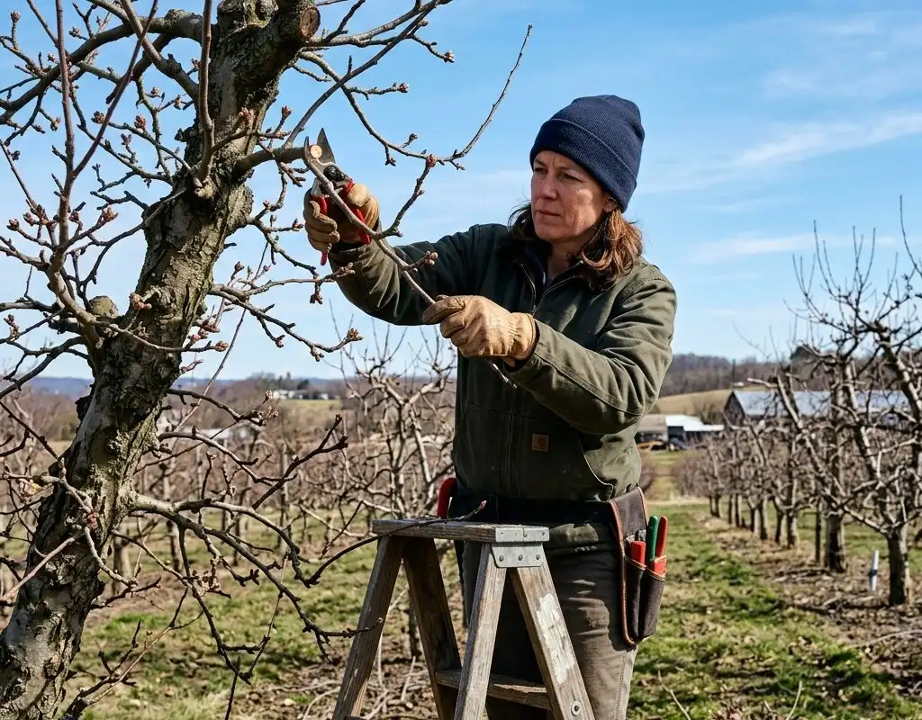 Illustration de jardin de caractere pour La taille des arbres fruitiers : Calendrier et techniques pour des récoltes abondantes