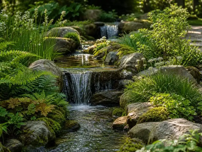 Illustration de jardin de caractere pour Créer une cascade ou un ruisseau de jardin : le point d&rsquo;eau vivant