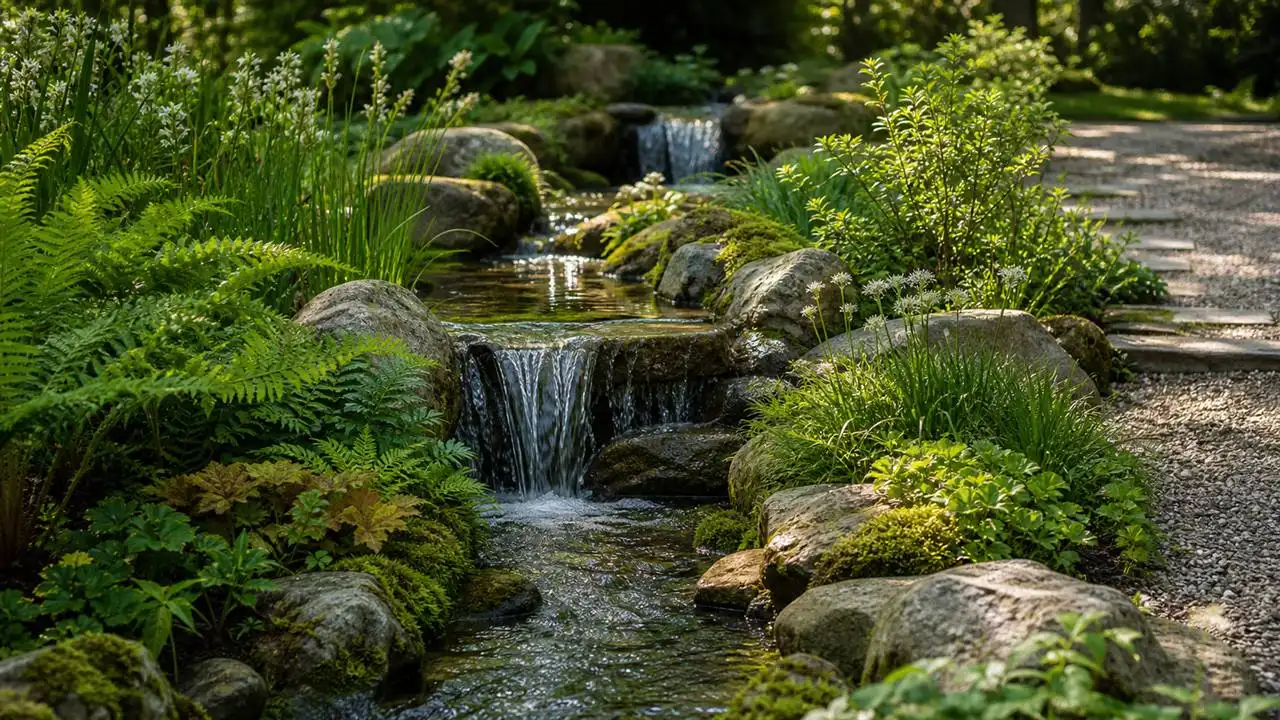 Illustration de jardin de caractere pour Créer une cascade ou un ruisseau de jardin : le point d&rsquo;eau vivant