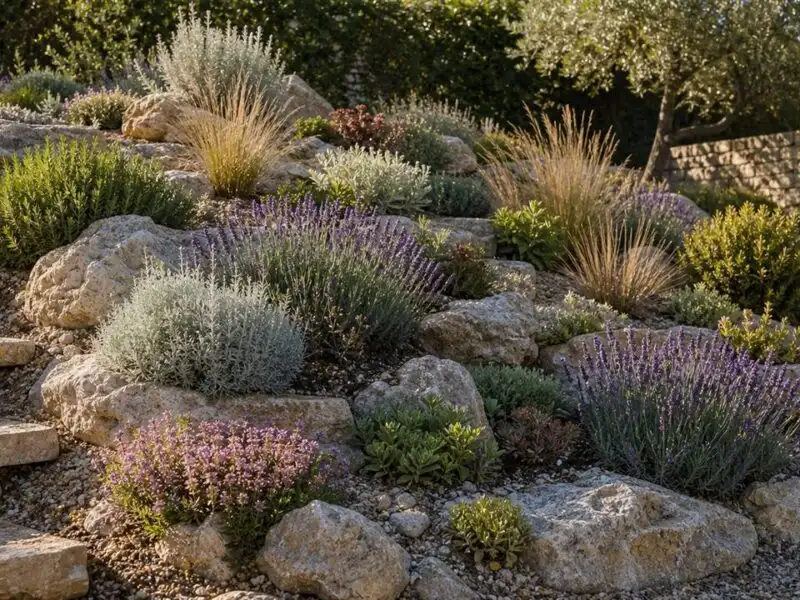 Illustration de jardin de caractere pour Créer une rocaille de jardin : structurer une pente sans arrosage