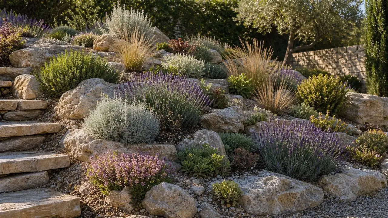 Illustration de jardin de caractere pour Créer une rocaille de jardin : structurer une pente sans arrosage