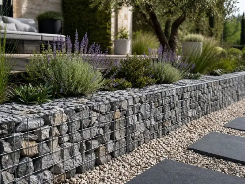 Illustration de jardin de caractere pour Gabions au jardin : le muret moderne, drainant et durable