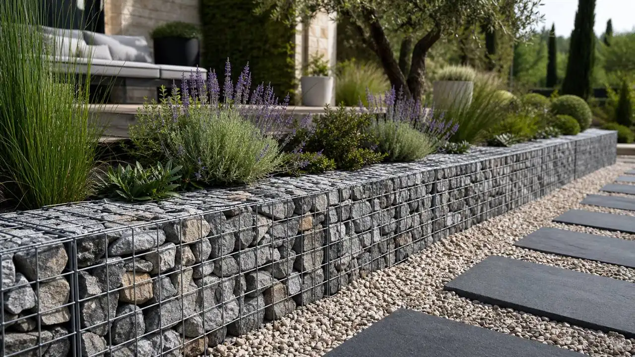 Illustration de jardin de caractere pour Gabions au jardin : le muret moderne, drainant et durable