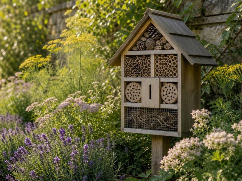 Illustration de jardin de caractere pour Attirer les auxiliaires au jardin : hôtel à insectes et abris