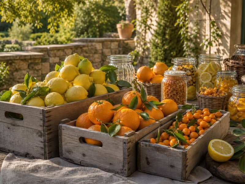 Illustration de jardin de caractere pour Récolte et conservation des agrumes : tout garder du fruit