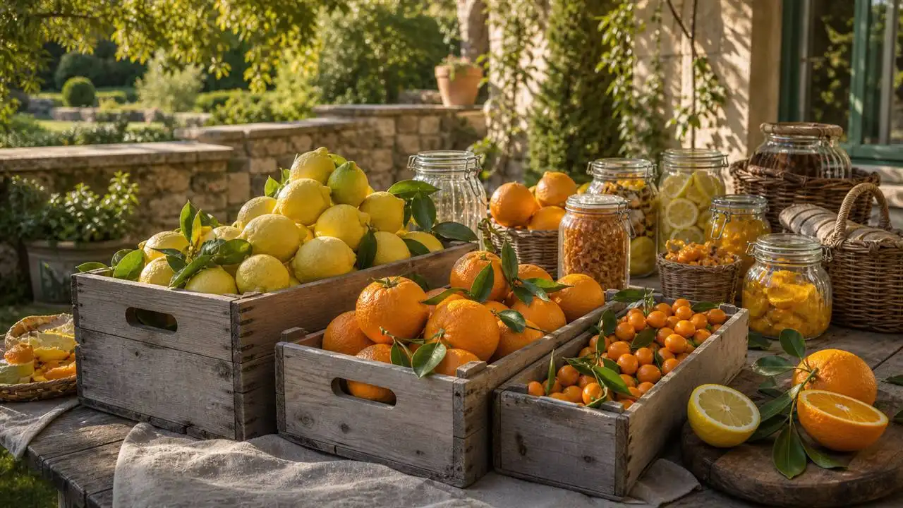 Illustration de jardin de caractere pour Récolte et conservation des agrumes : tout garder du fruit