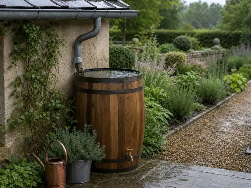 Illustration de jardin de caractere pour Récupérer l&rsquo;eau de pluie au jardin : installation et usages