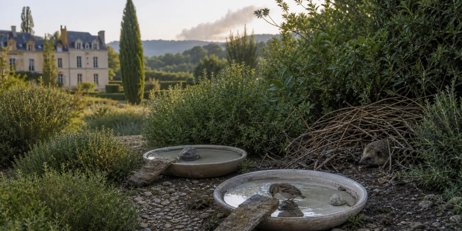 Oiseau et hérisson près de coupelles d’eau peu profondes dans un jardin refuge