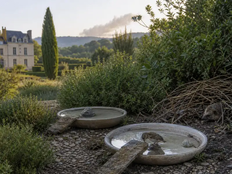 Oiseau et hérisson près de coupelles d’eau peu profondes dans un jardin refuge