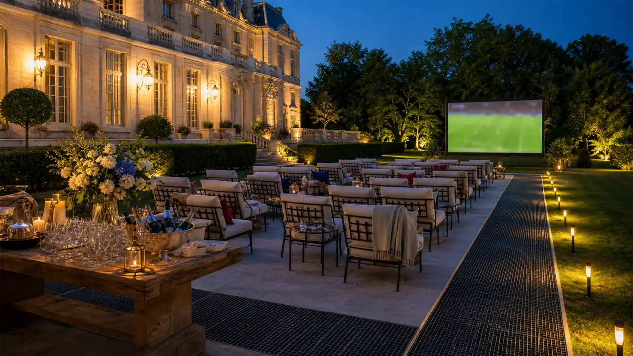 Jardin préparé pour regarder un match des Bleus en extérieur