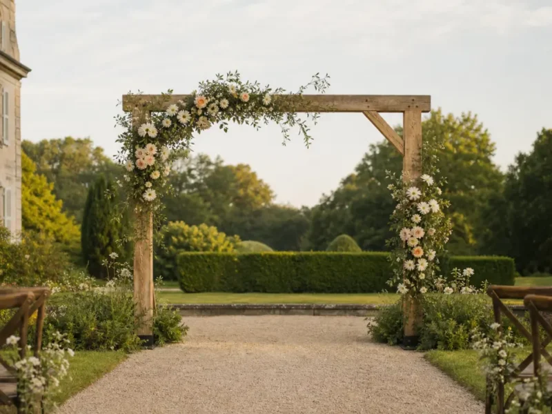 Arche de mariage champêtre en bois fleurie au bout d'une allée de gravier dans un domaine en pierre