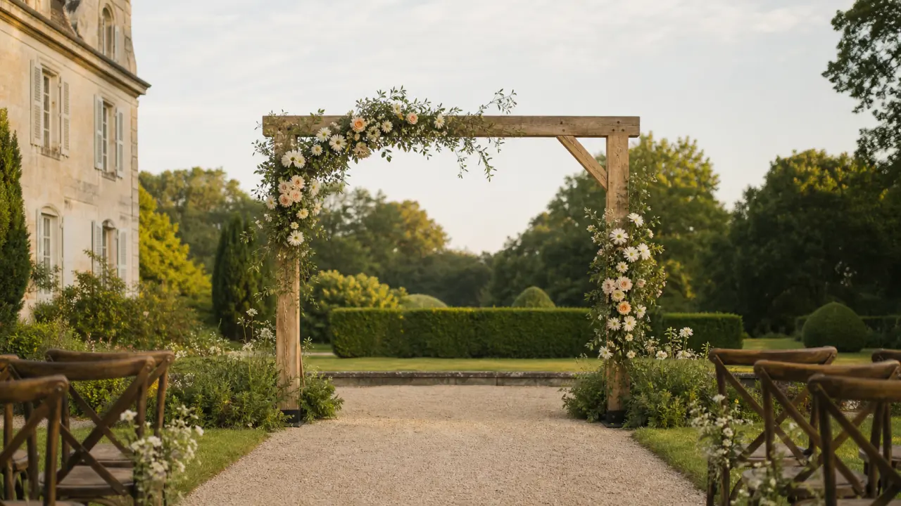 Arco floral de boda instalado ante un jardín de finca, con estructura independiente y flores frescas