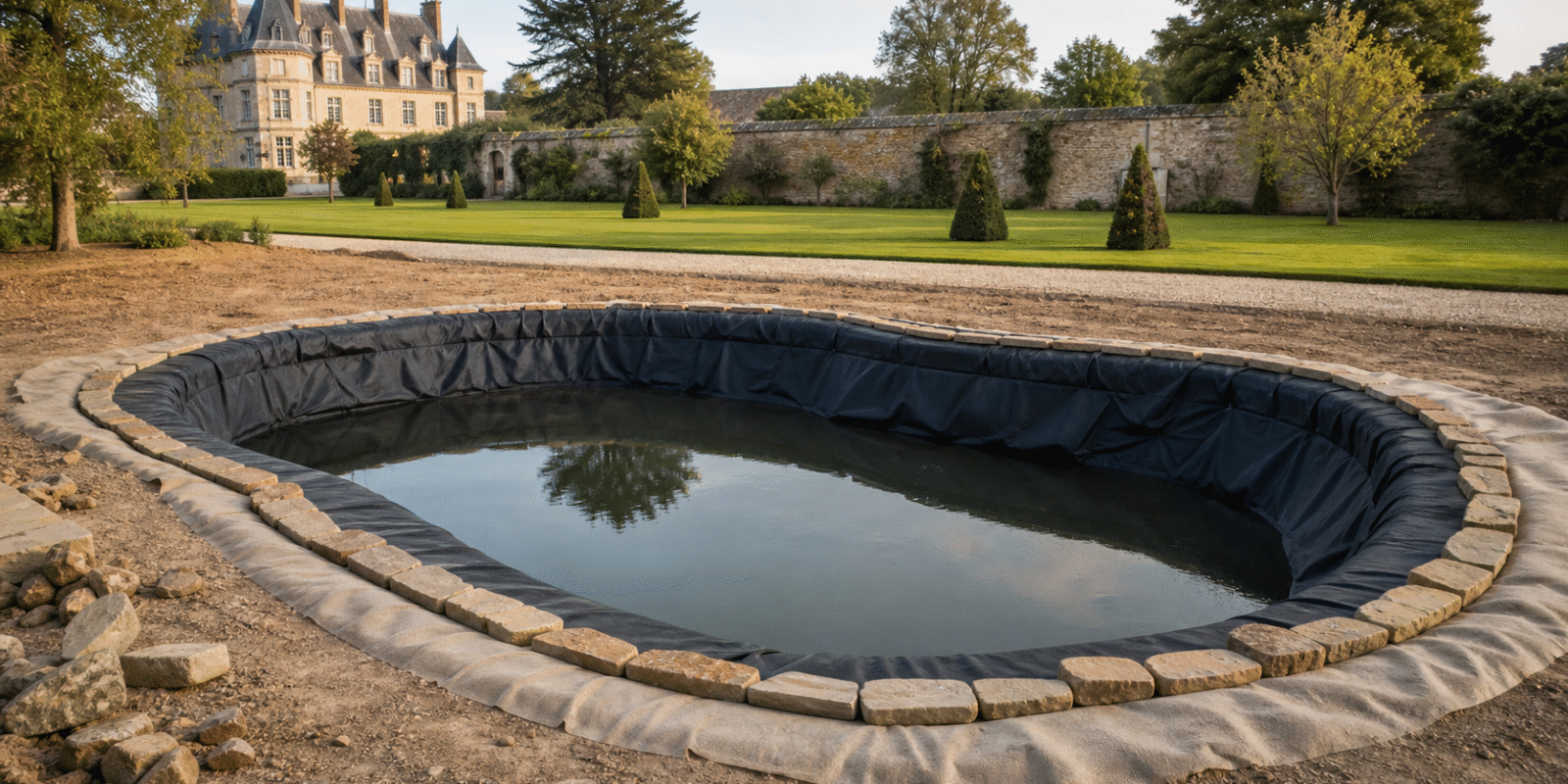 Sorgfältig verlegte schwarze EPDM-Teichfolie in einem Gartenteich aus Naturstein