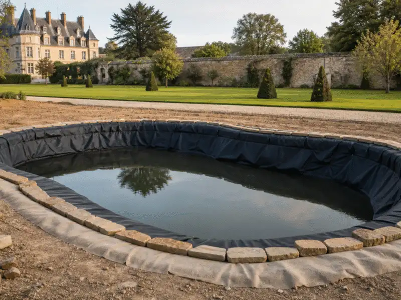 Pose soignée d’une bâche EPDM noire dans un bassin de jardin en pierre