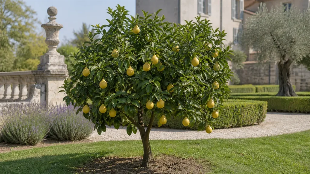 Small rounded bergamot tree planted in open ground bearing yellow-green bergamots