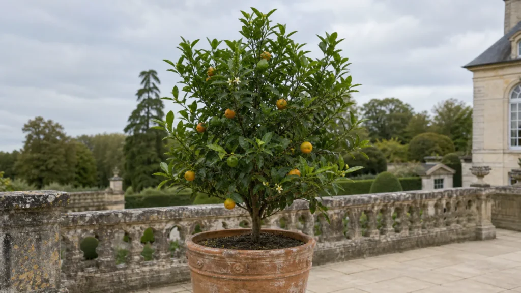 Calamondin in a pot covered with small orange fruit, with a dense compact habit
