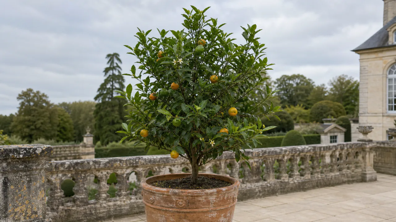 Calamondin en pot couvert de petits fruits orange, au port dense et compact