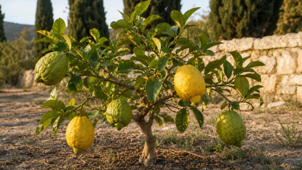 Large rough thick-skinned citrons on a thorny shrub in a sheltered Mediterranean garden