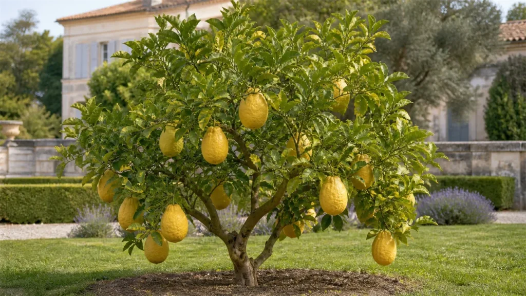 Trained Diamante citron tree planted in open ground in a walled garden, carrying six large elongated citrons from green to yellow