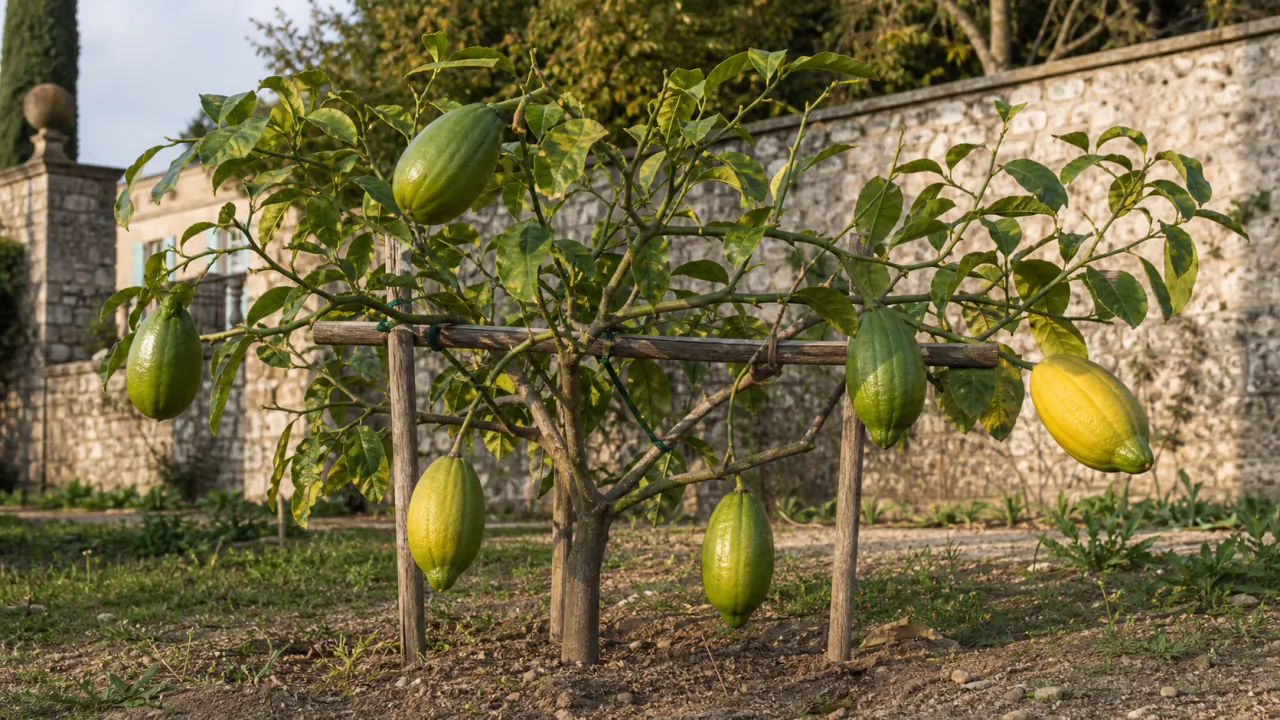 Chitru Diamante palisat și plantat în sol într-o grădină împrejmuită, cu șase fructe mari și alungite, de la verde la galben