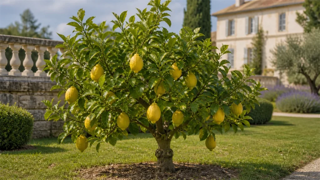 Oval Etrog citron with a thick bumpy peel and a persistent pitam (nipple), on a thorny citron tree