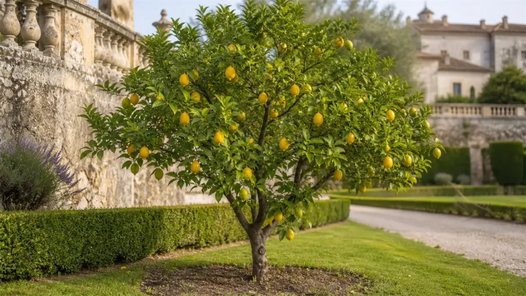 Menton lemons on the tree in a terraced restanque garden, Riviera maritime light