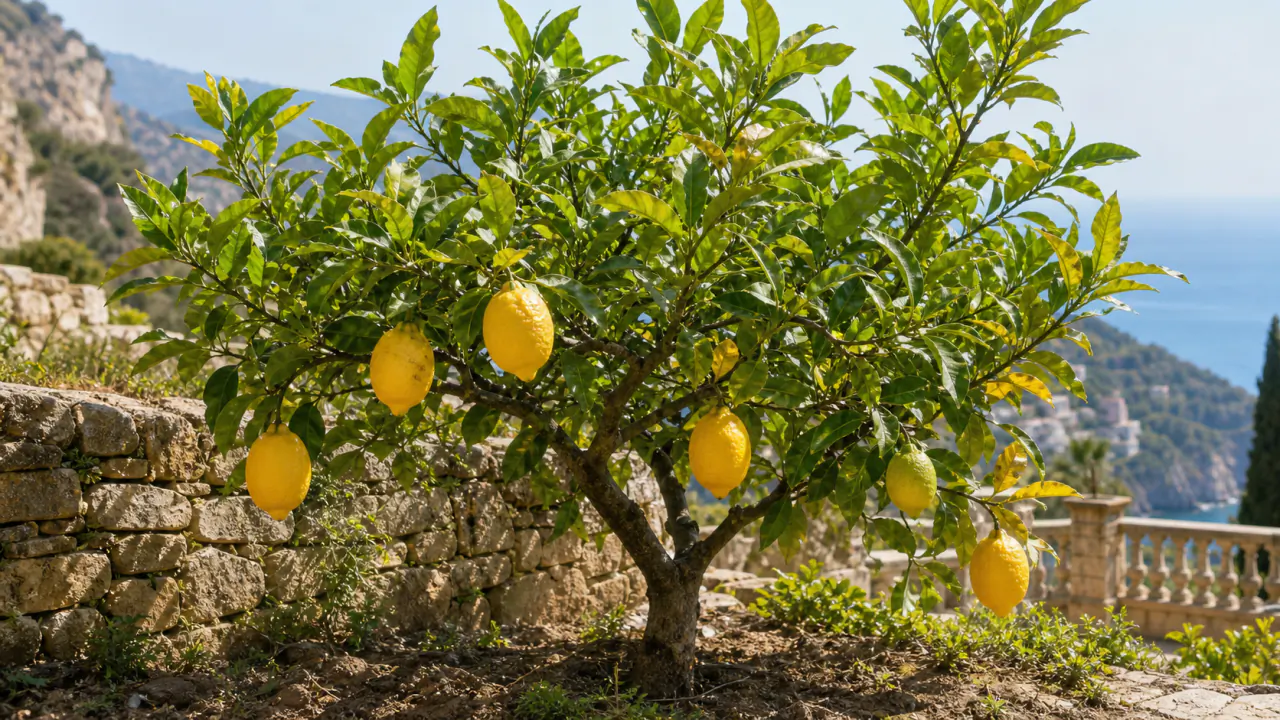 Citrons de Menton sur l'arbre dans un jardin en restanques, lumière maritime de la Riviera