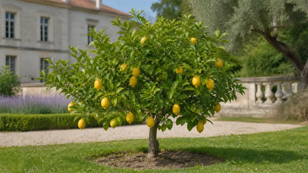 Eureka lemon tree planted in open ground beside a stone country house, with elongated yellow lemons and one still green fruit