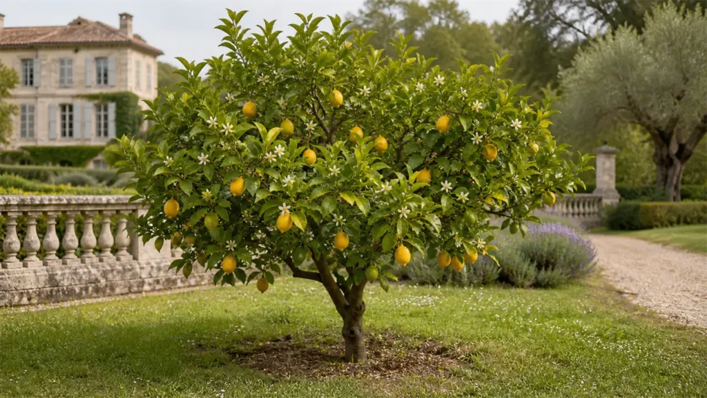 Sicilian Femminello lemons on the everbearing tree, at several green and yellow ripening stages
