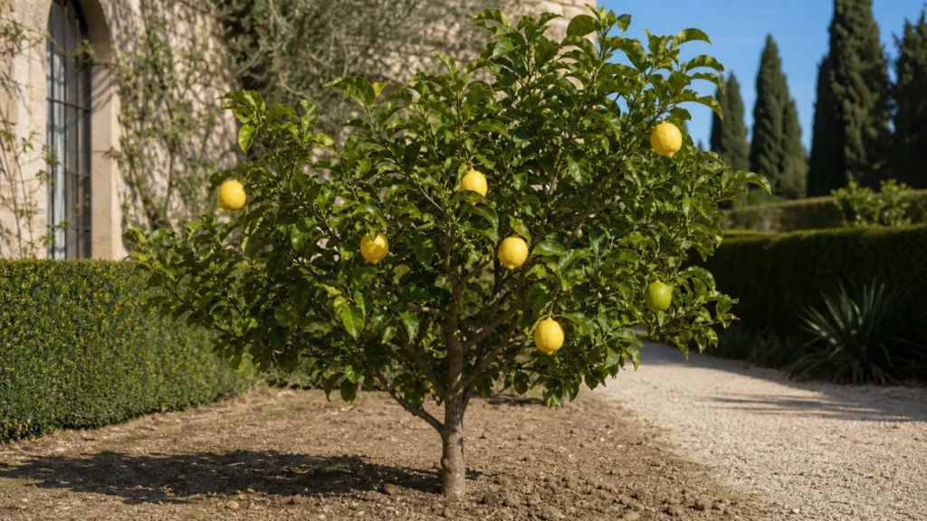 Fino Primofiori lemon tree planted in open ground beside the estate house, with yellow lemons and one still green fruit