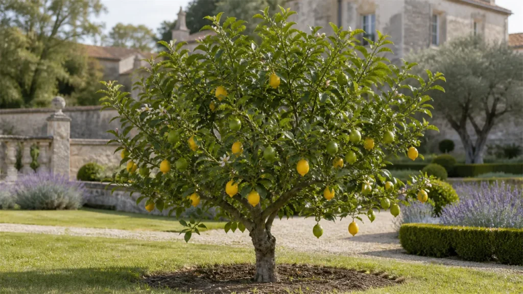 Lunario lemon tree planted in open ground by the estate orangery, with white blossom and lemons at different stages of ripeness