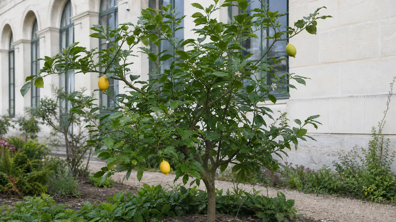 Limonero Lunario en maceta con flores y limones a la vez en una terraza