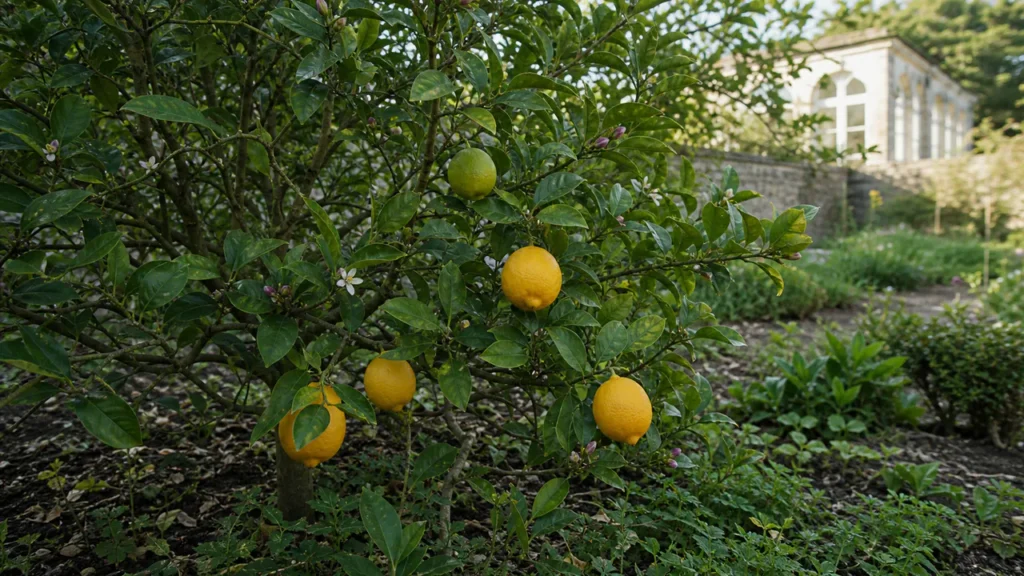 Meyer lemon tree planted in open ground in a walled garden, with round yellow-orange fruit, white flowers and purple-tinged buds