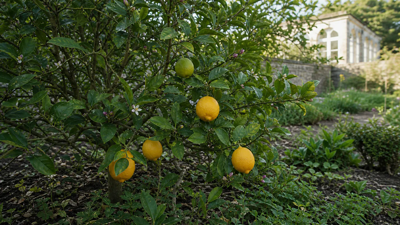 Kompakte Meyer-Zitrone im Kübel mit runden dünnschaligen gelb-orangen Früchten