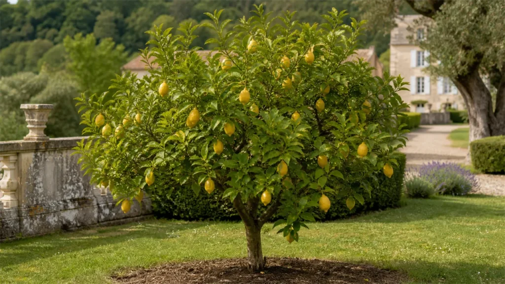 Verna lemon tree carrying large thick-skinned yellow lemons in spring