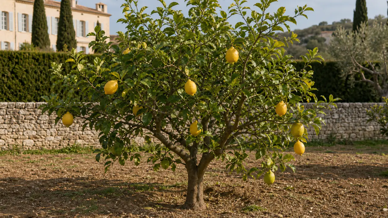 Verna-Zitronenbaum mit großen dickschaligen gelben Zitronen im Frühjahr