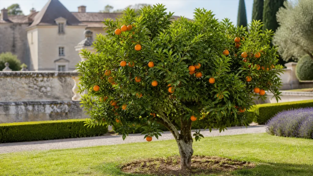 Whole Clemenules clementine tree planted in open ground with about seven medium-sized orange fruits