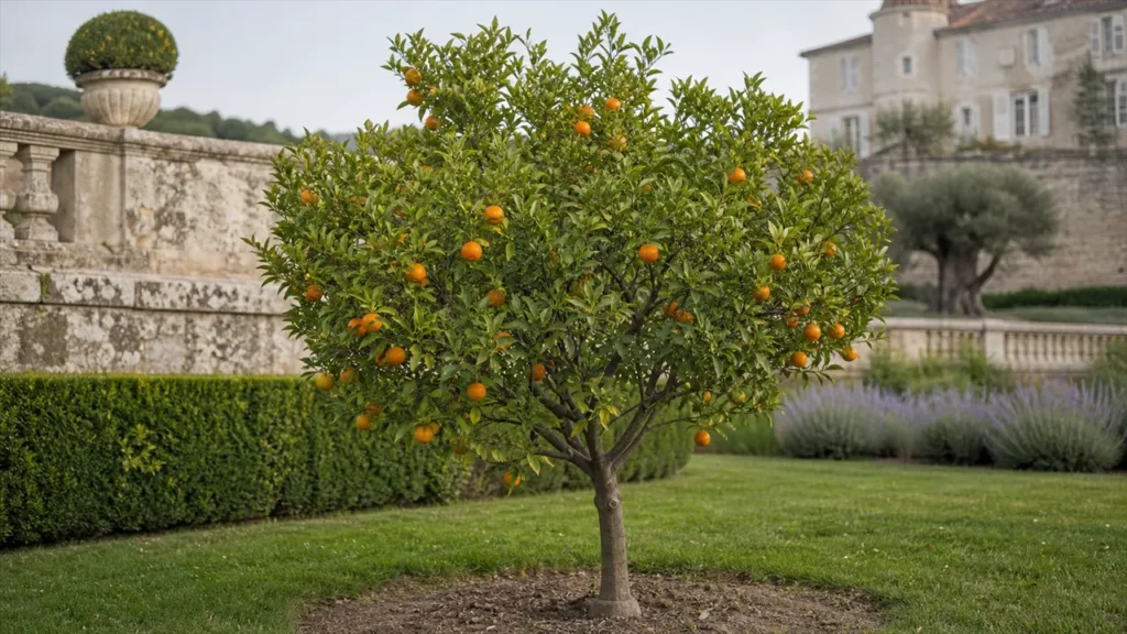 Clementine tree laden with small thin-skinned orange fruit on a small rounded tree