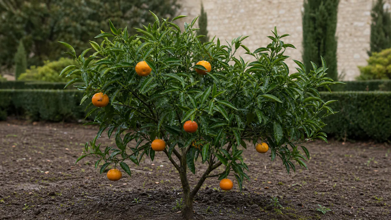 Clementine tree laden with small thin-skinned orange fruit on a small rounded tree