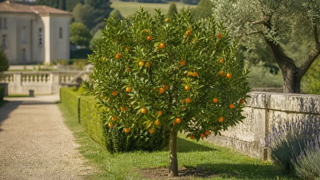 Whole Hernandina clementine tree planted in open ground in soft winter light, with about five orange fruits