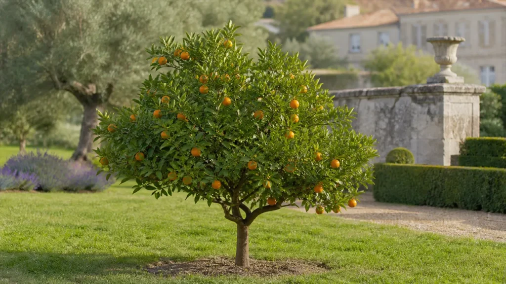 Whole Marisol clementine tree planted in open ground, with five orange fruits at slightly varied stages of ripeness